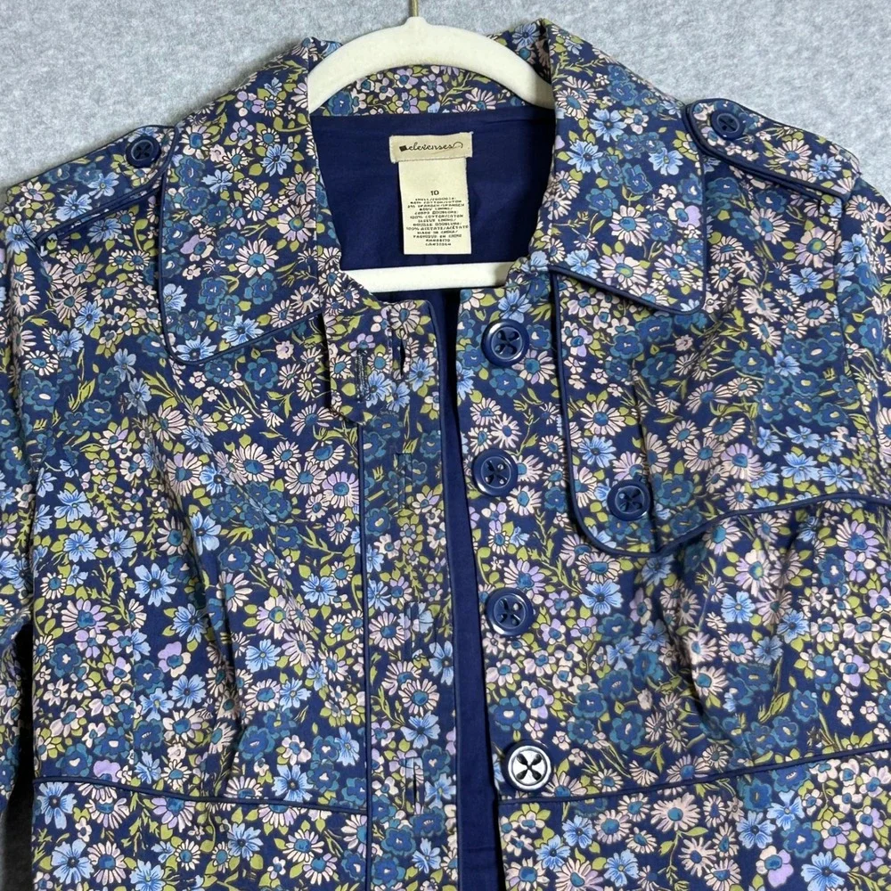 Elevenses Floral Trench Coat Women M 10 Blue Botanical Belted Jacket Cottagecore